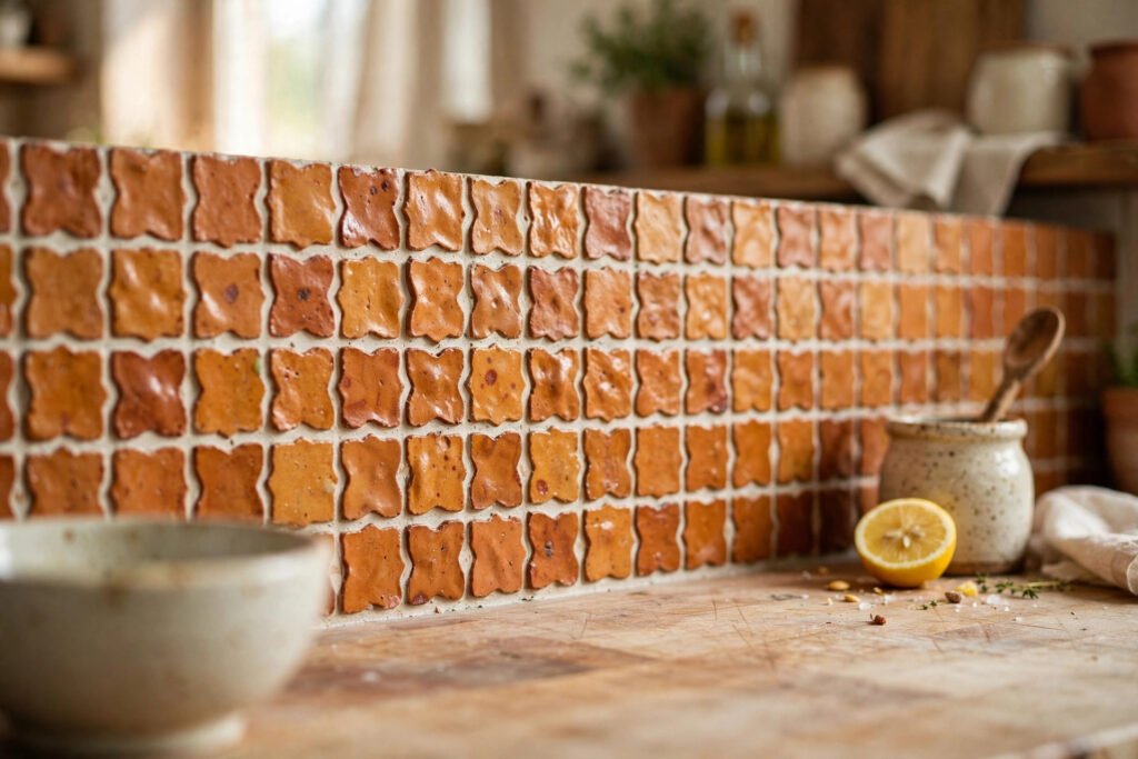 Close-up of a handmade terracotta zellige tile kitchen backsplash in warm clay tones with cream grout, wooden spoon resting in a ceramic crock and half-sliced lemon on the butcher-block counter
