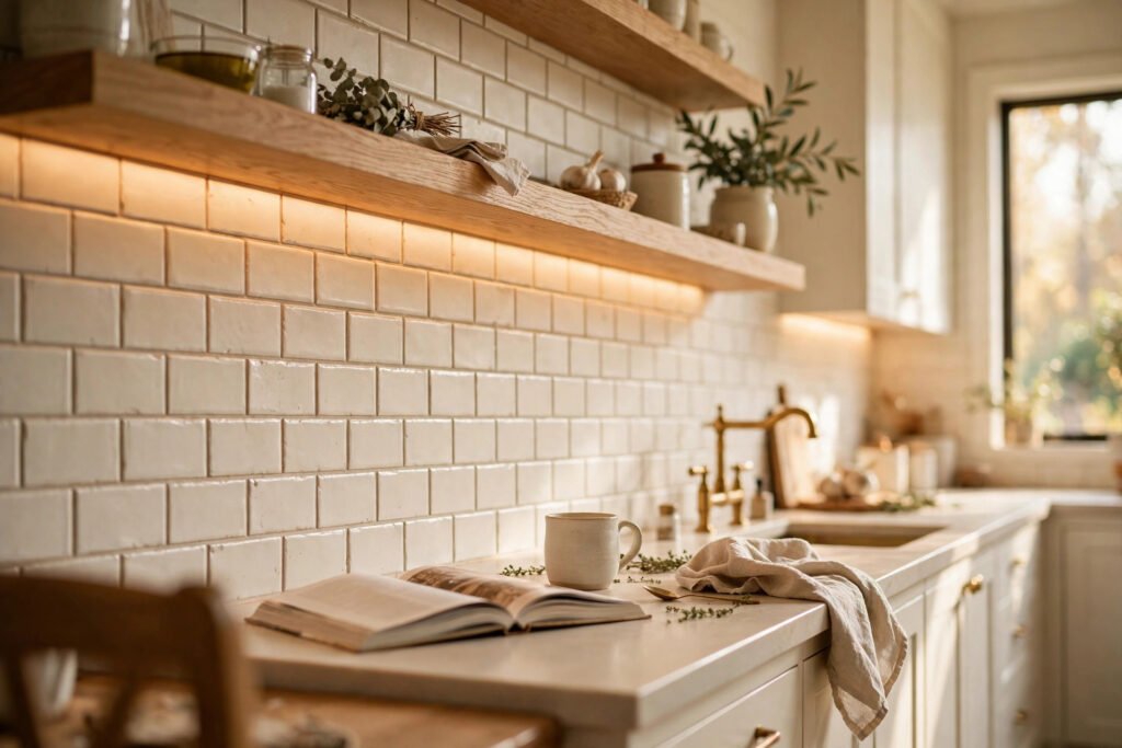 Warm white kitchen with cream stacked subway tile backsplash, brass fixtures and warm under-cabinet glow, open face-down cookbook on the counter
