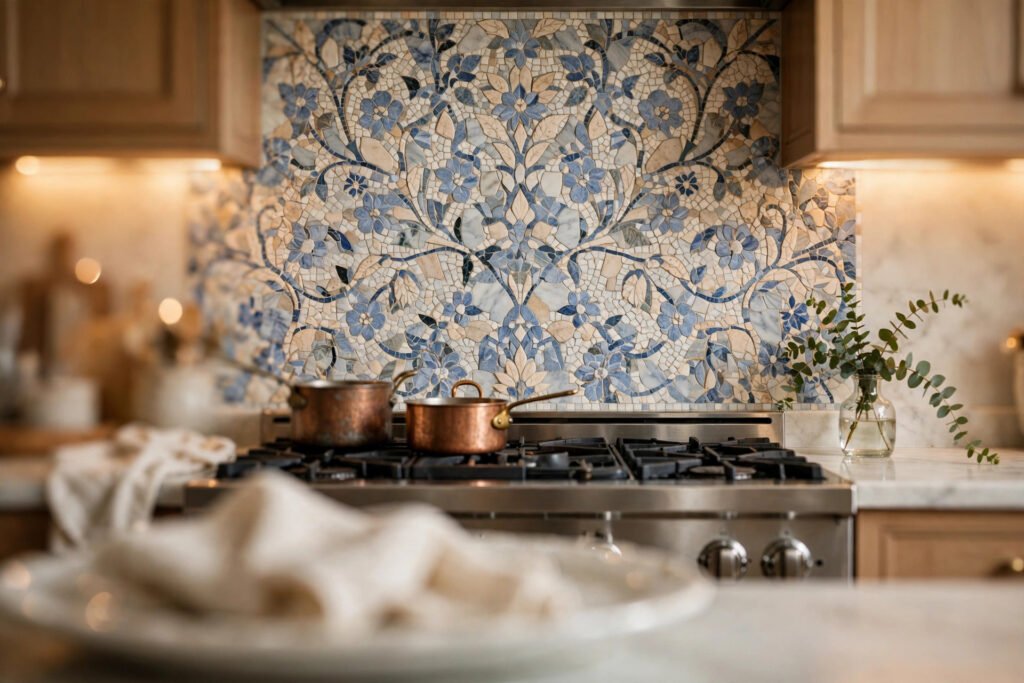 Marble waterjet mosaic backsplash with blue-and-cream floral pattern behind a kitchen range, copper pot on the stove and folded linen napkin on a white platter