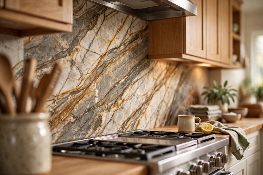 Full-height quartzite slab backsplash with bold dramatic veining behind a stainless range, ceramic crock of wooden utensils and steaming mug nearby
