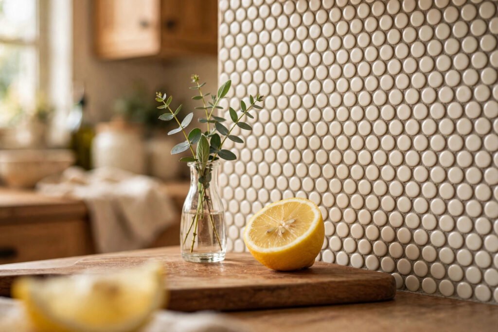 Cream penny-round mosaic tile backsplash with warm gray grout, eucalyptus sprig in a bud vase and half-sliced lemon on a wooden cutting board