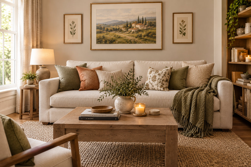 Cozy living room with a sofa, patterned cushions, a textured throw, and a rustic wooden coffee table.