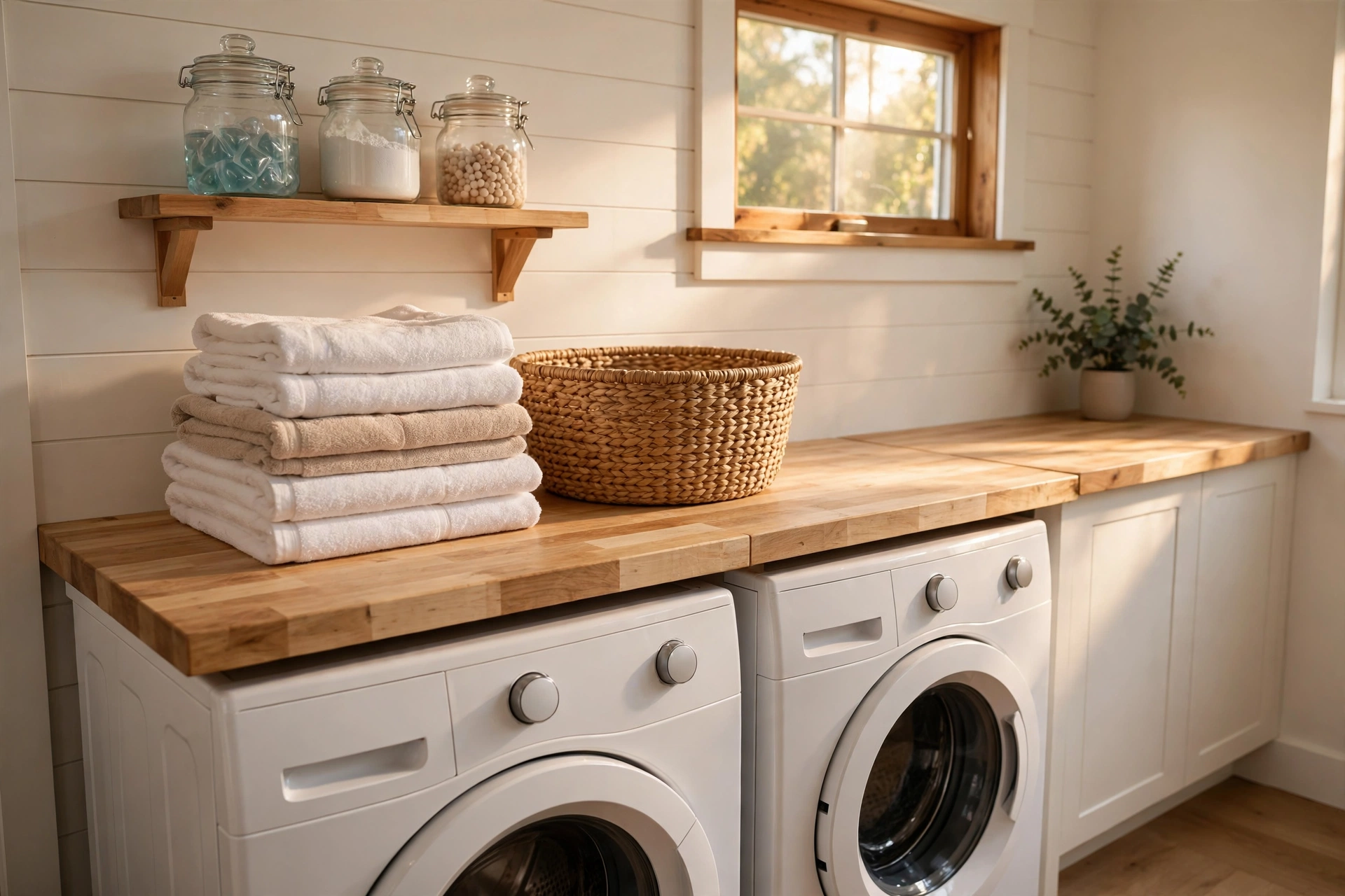 Wooden folding countertop installed over front-loading washer and dryer with neatly folded towels