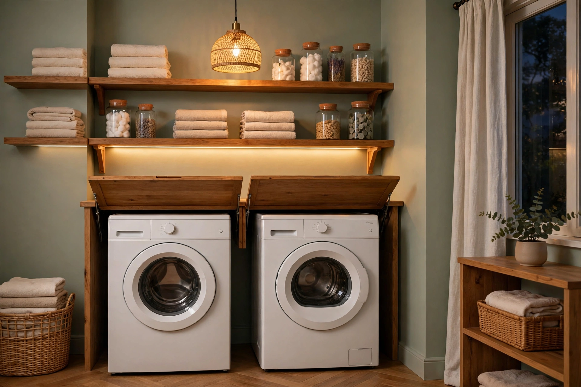 Bright laundry room with layered warm lighting including a pendant light and under-shelf LED strip
