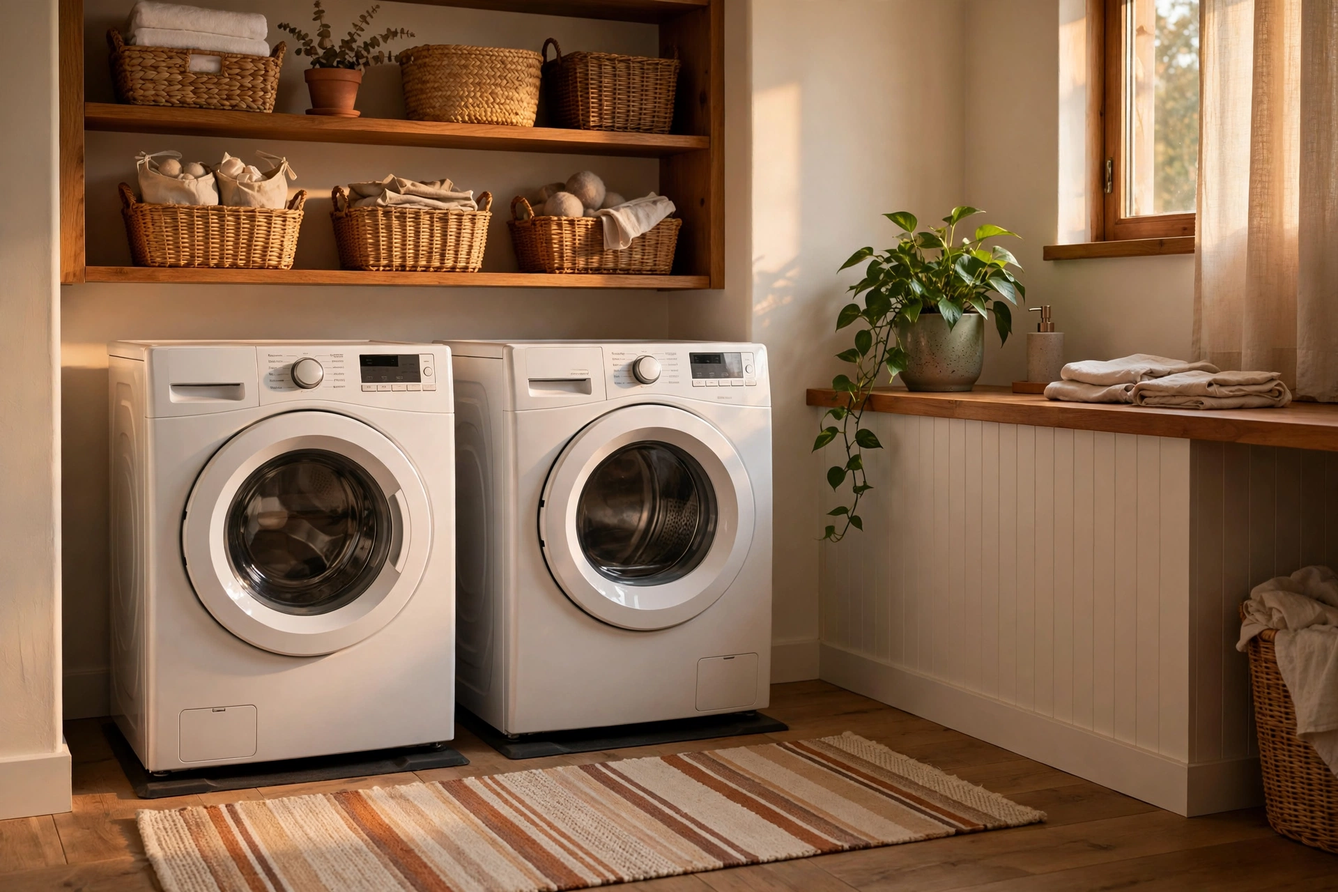 Cozy laundry room with front-loading machines, a washable runner rug, and a potted plant