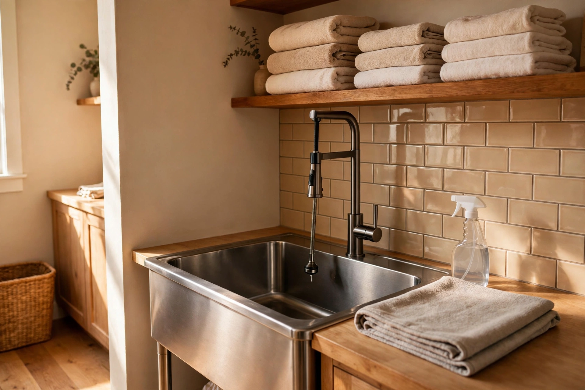 Deep stainless steel utility sink with a tall pull-down faucet against warm tile