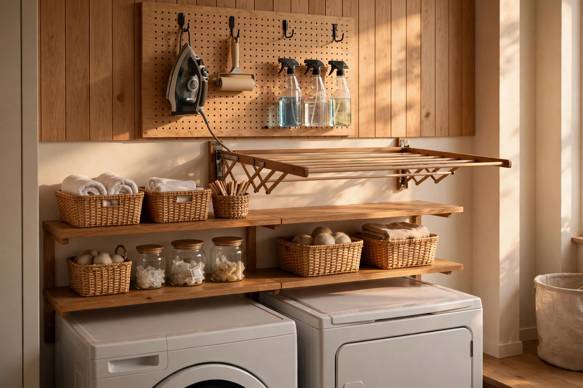 Laundry room wall with pegboard, hooks, shelves and baskets holding supplies and tools