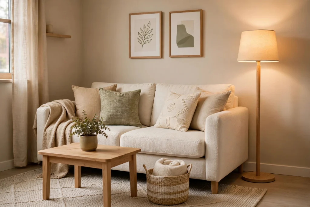 Cozy modern small living room with layered textures and warm lighting