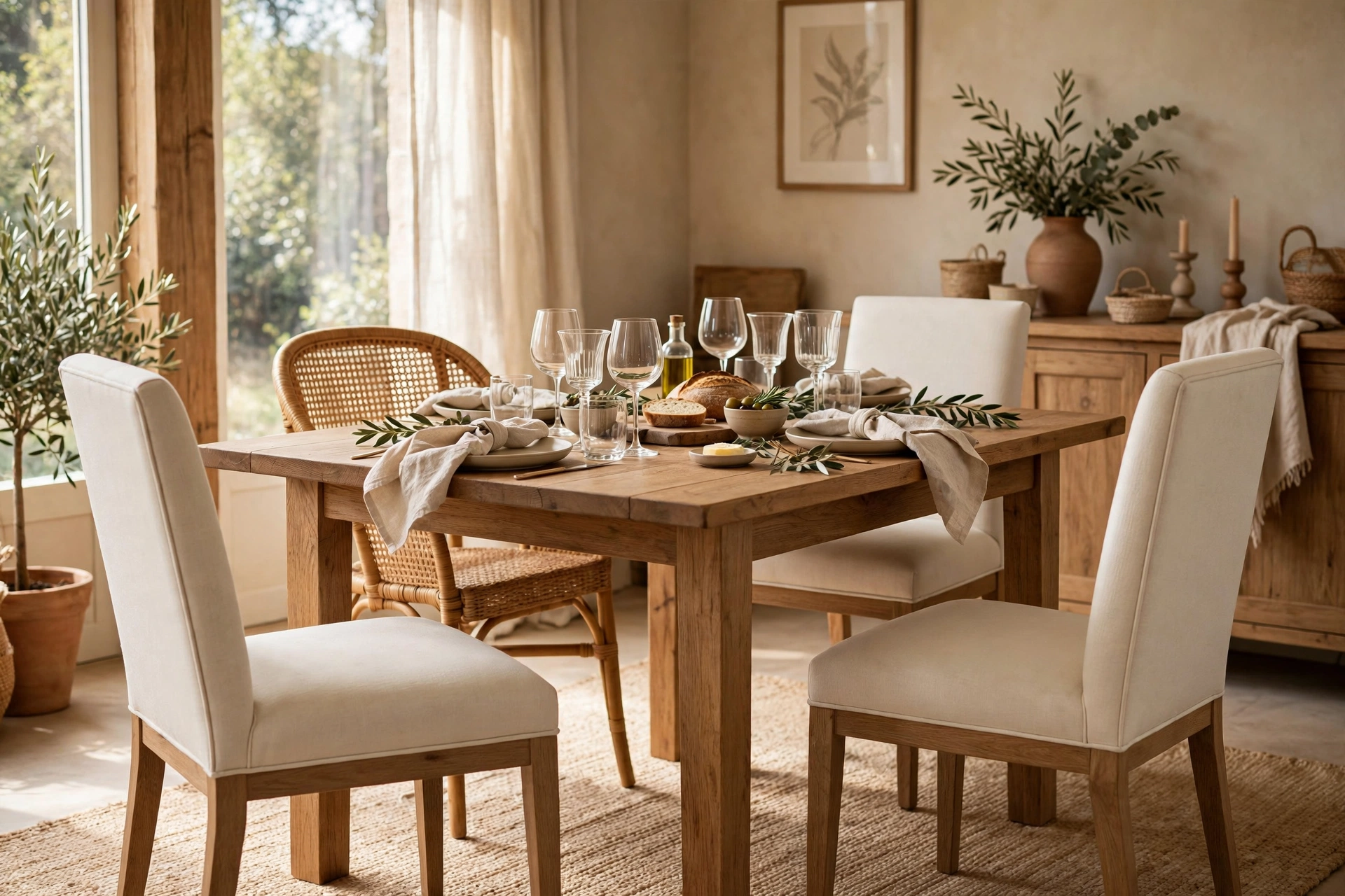 Mix and match dining chairs, cream upholstered chairs with a rattan accent chair around a wooden dining table