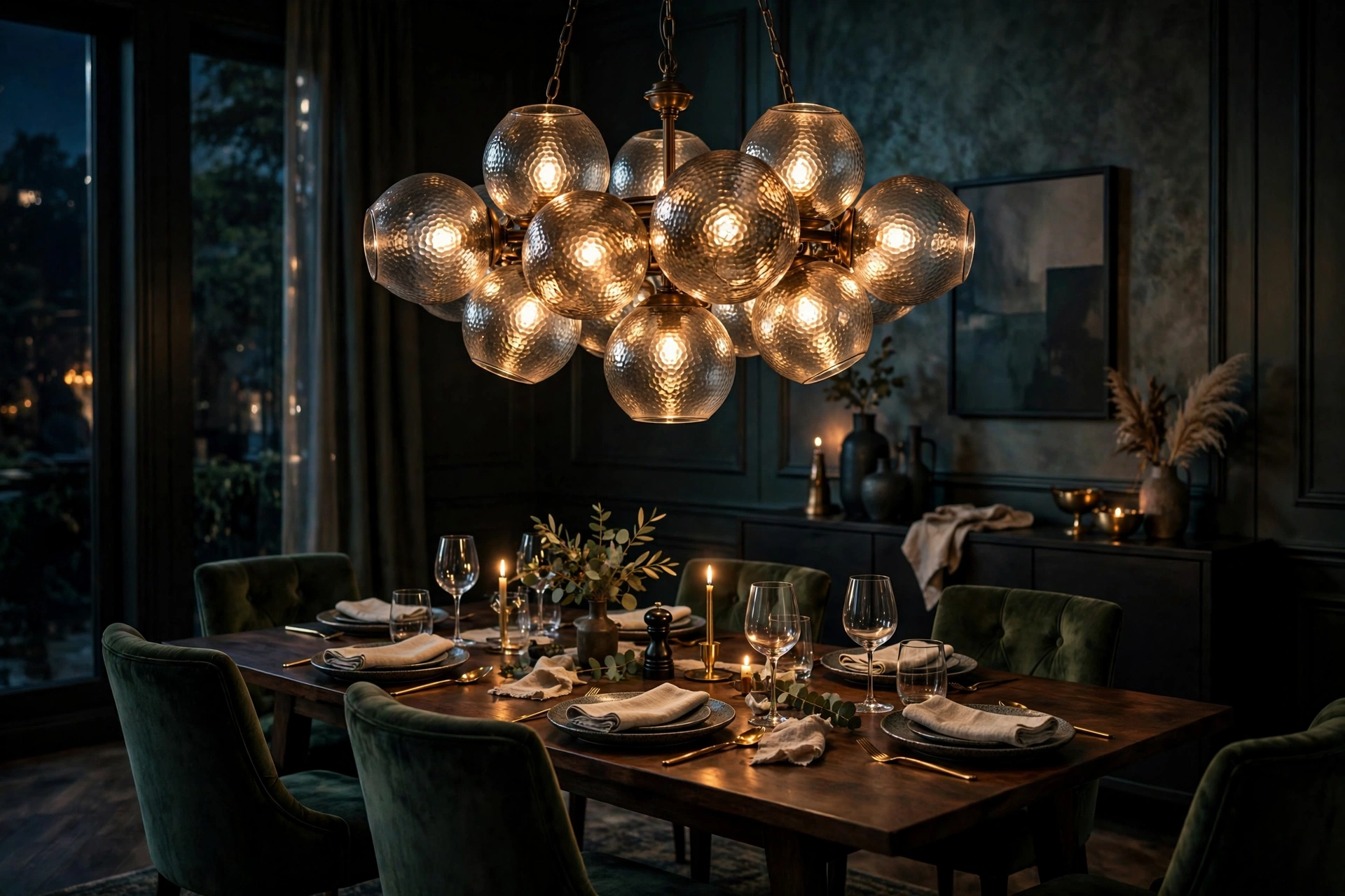 Statement glass chandelier glowing warmly over a dining table set for dinner