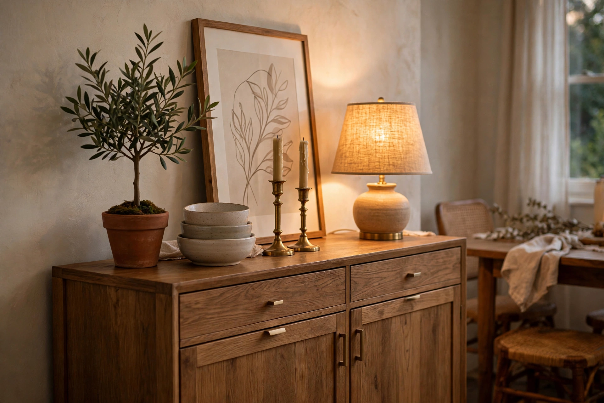 Styled wooden sideboard with stacked ceramic bowls, brass candlesticks, and framed art in a dining room