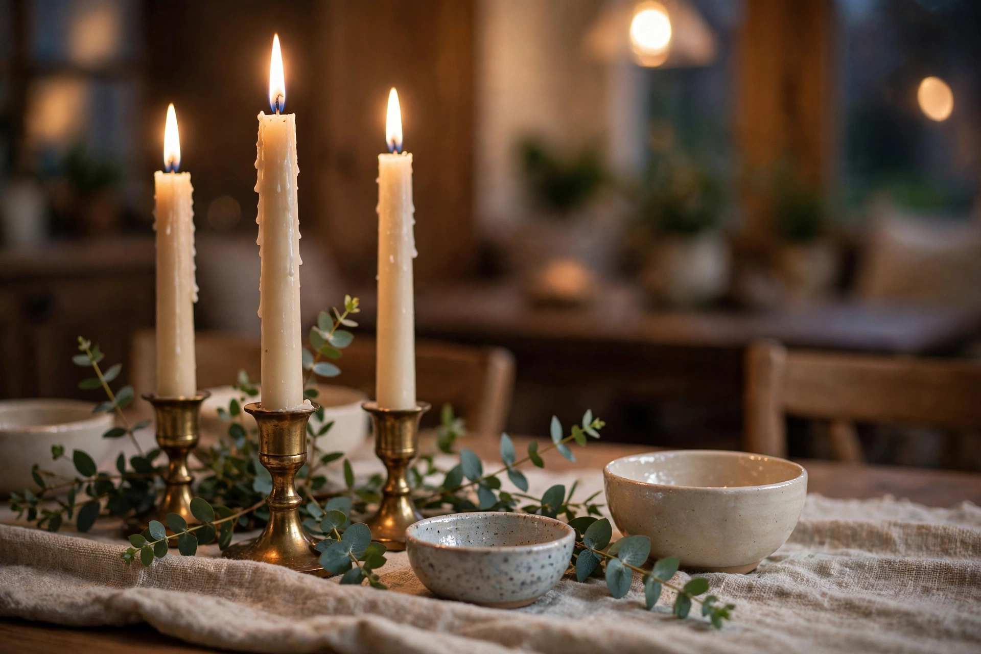 Dining table centerpiece with taper candles in brass holders and eucalyptus sprigs on a linen runner