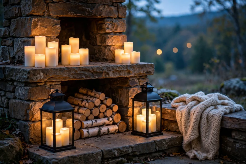 Glowing flameless candles and lanterns arranged on a stone fireplace hearth