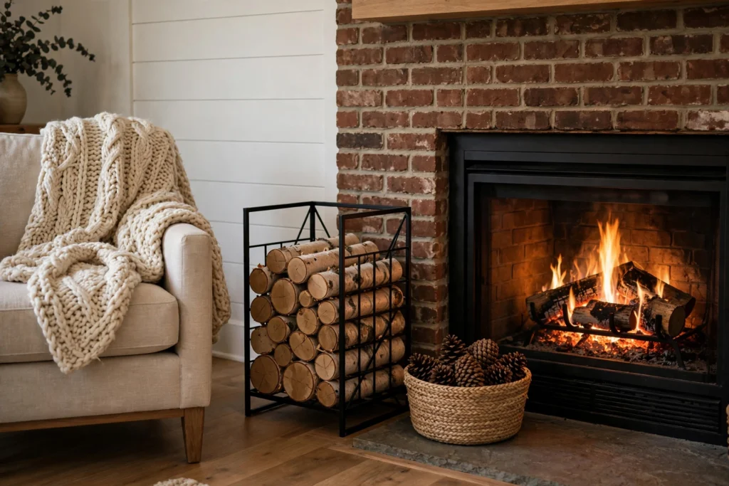 Birch logs stacked in a black metal holder beside a cozy brick fireplace