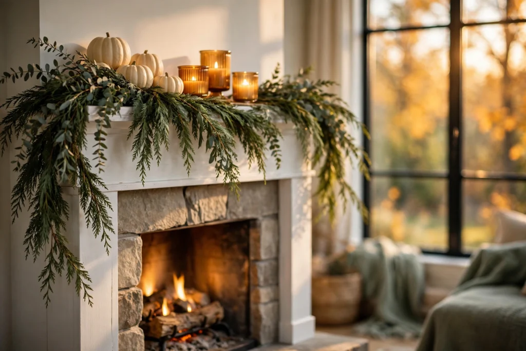 Fall greenery garland with pumpkins styled on a white fireplace mantel