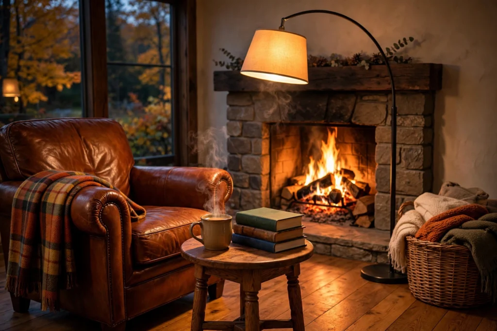 Cozy reading corner with leather armchair and throw beside a lit fireplace