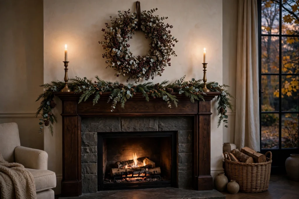 Fall eucalyptus wreath with brass candlesticks above a dark wood mantel