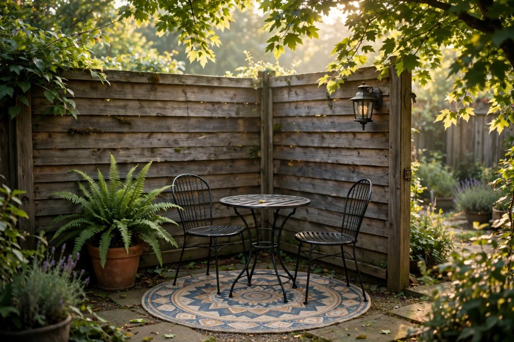 A tiny café-style bistro nook with a round table, chairs, and rug in a sunny backyard corner