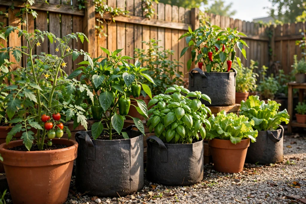 Container vegetable garden with tomatoes, peppers, and herbs growing in pots along a sunny fence