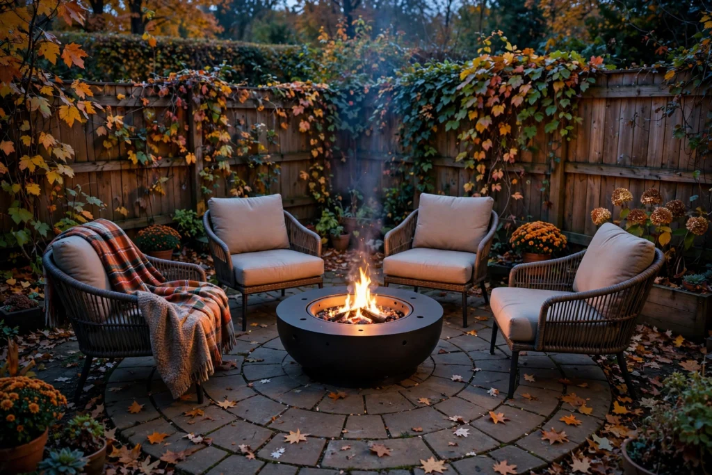 A cozy corner fire pit with four chairs and a throw blanket on a small backyard patio at dusk