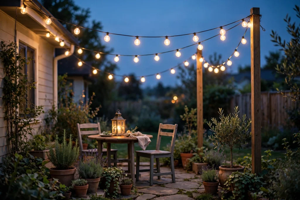 A small backyard patio glowing at dusk under warm string lights with a dining set below