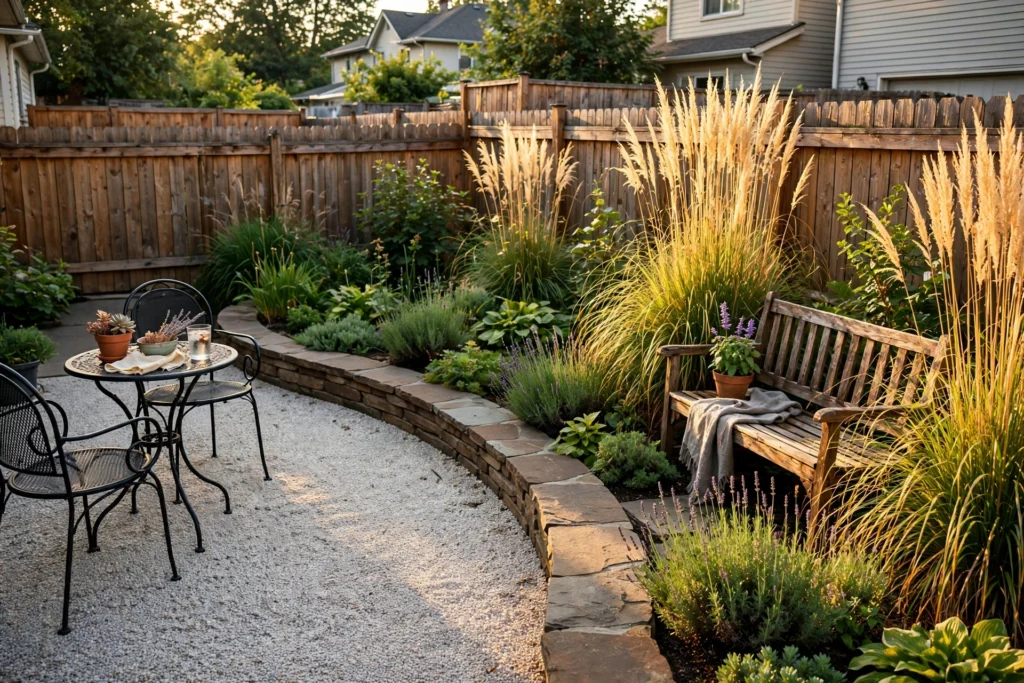 A small backyard divided into a gravel patio seating zone and a lush planted garden zone