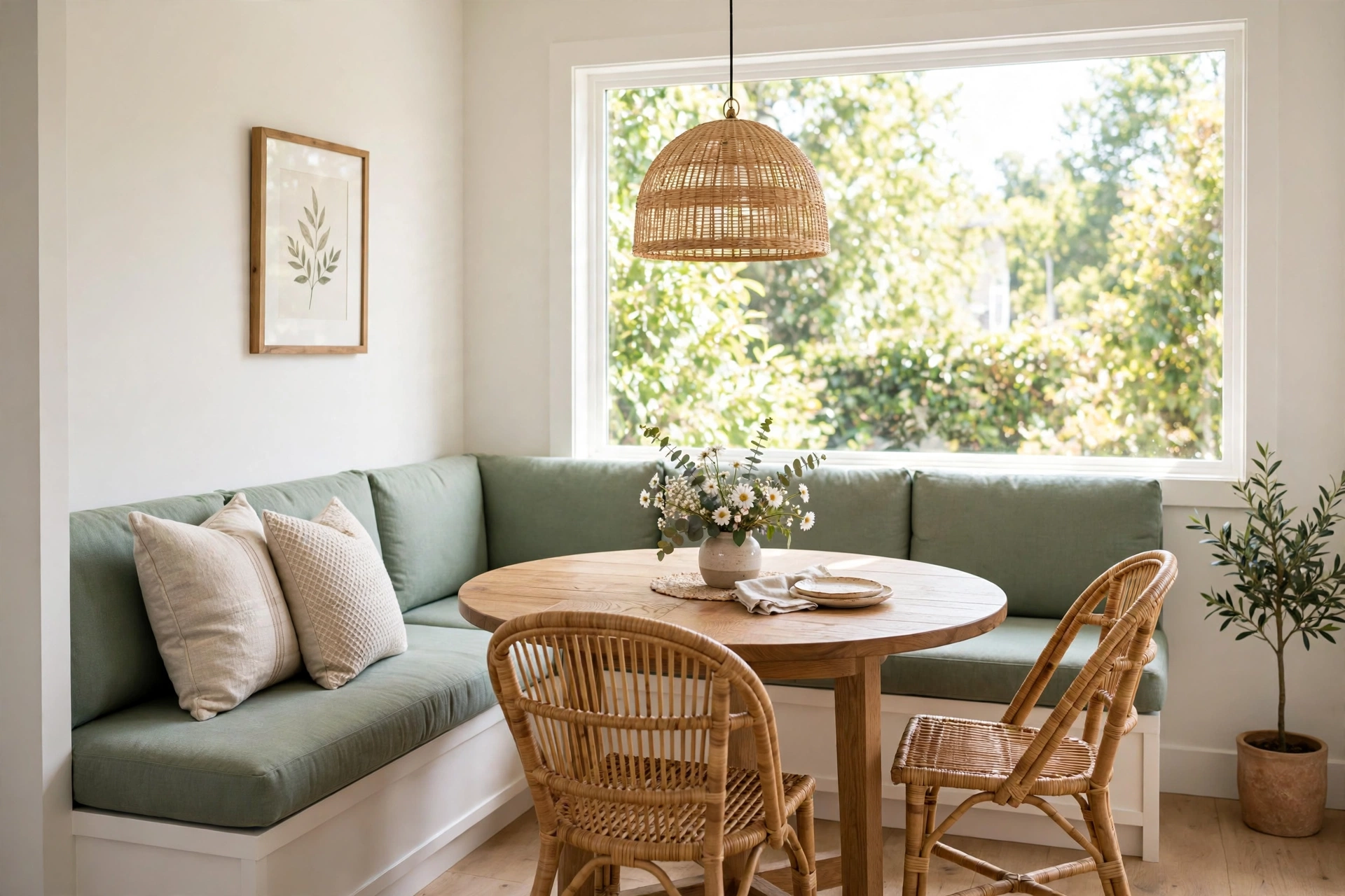 Bright small dining nook with a sage green banquette bench and round wooden table by a window