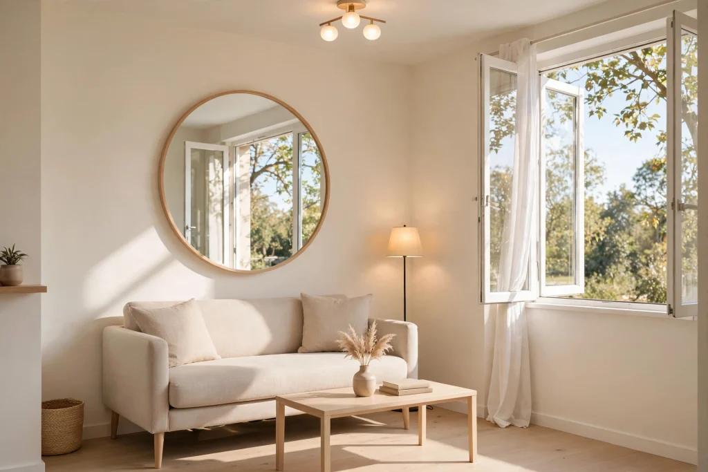 Small living room with large mirror and layered lighting to create a spacious look