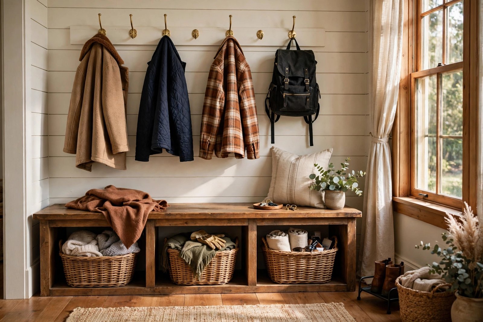 Wooden mudroom bench with storage cubbies, wicker baskets and brass wall hooks holding coats
