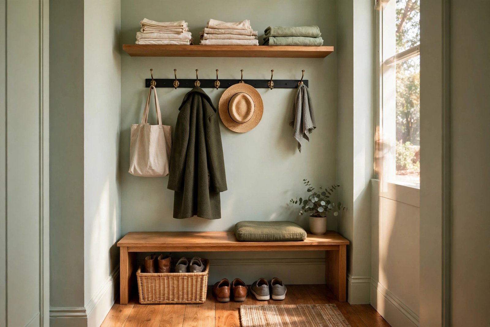 Small mudroom nook with wall hooks, floating shelf and slim shoe bench in a narrow entryway