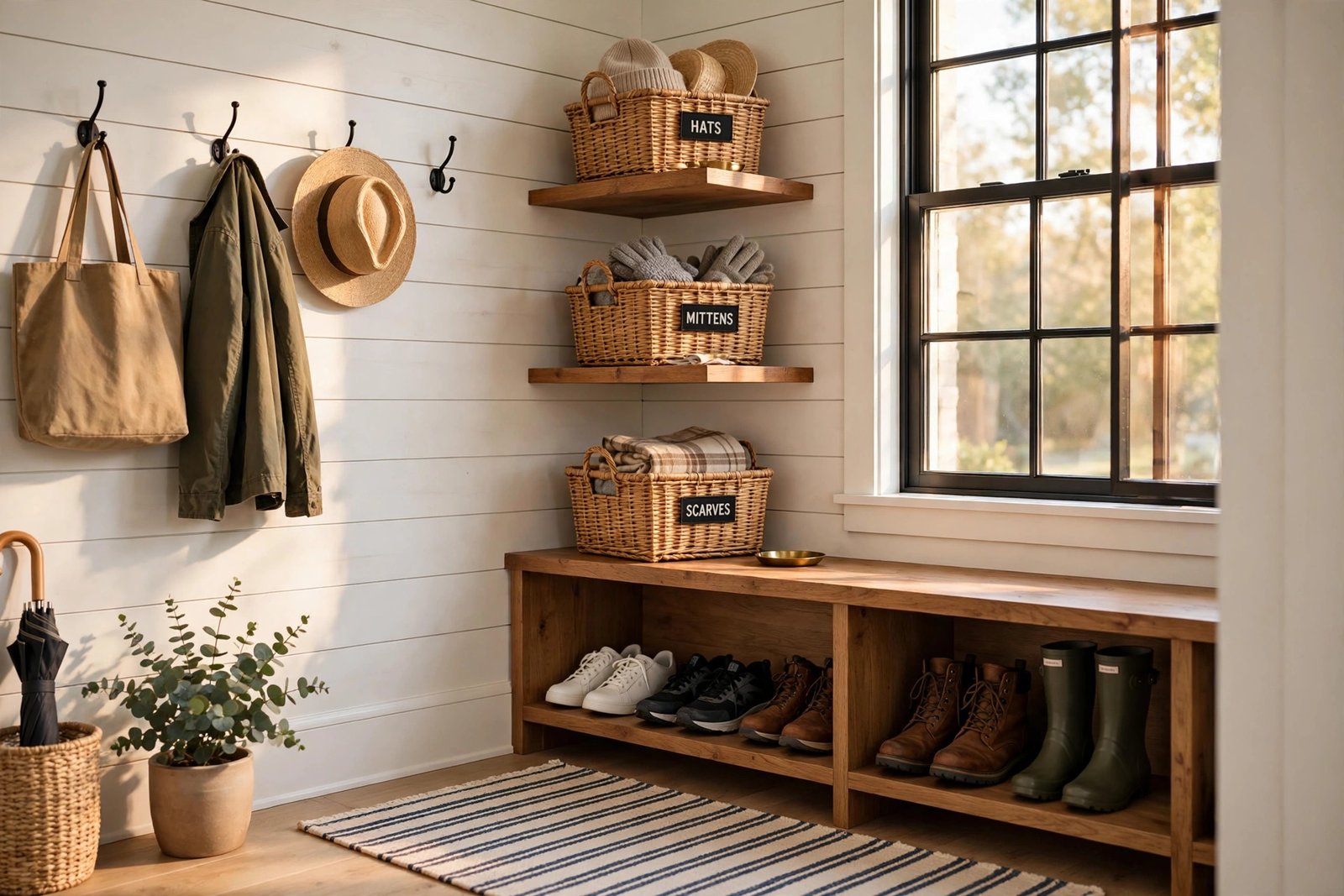 Mudroom corner with white shiplap walls, open shoe shelf and labeled woven baskets