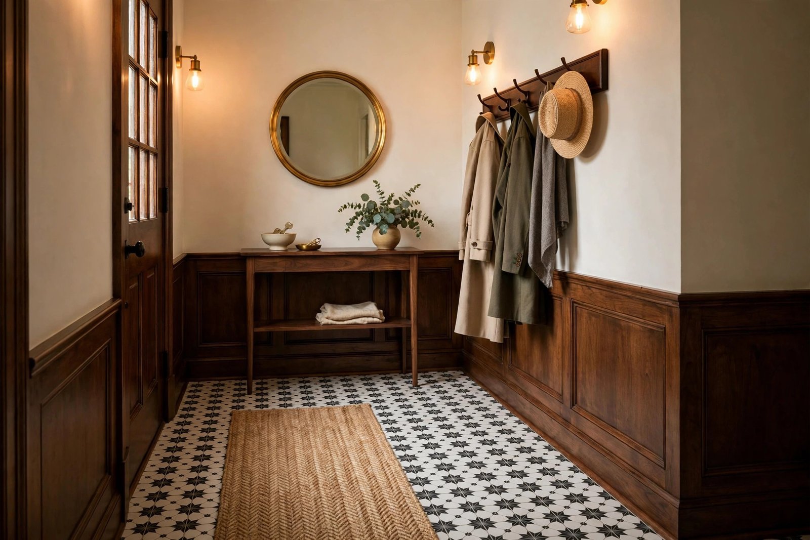 Mudroom entry with black-and-white patterned floor tiles, round brass mirror and wooden console