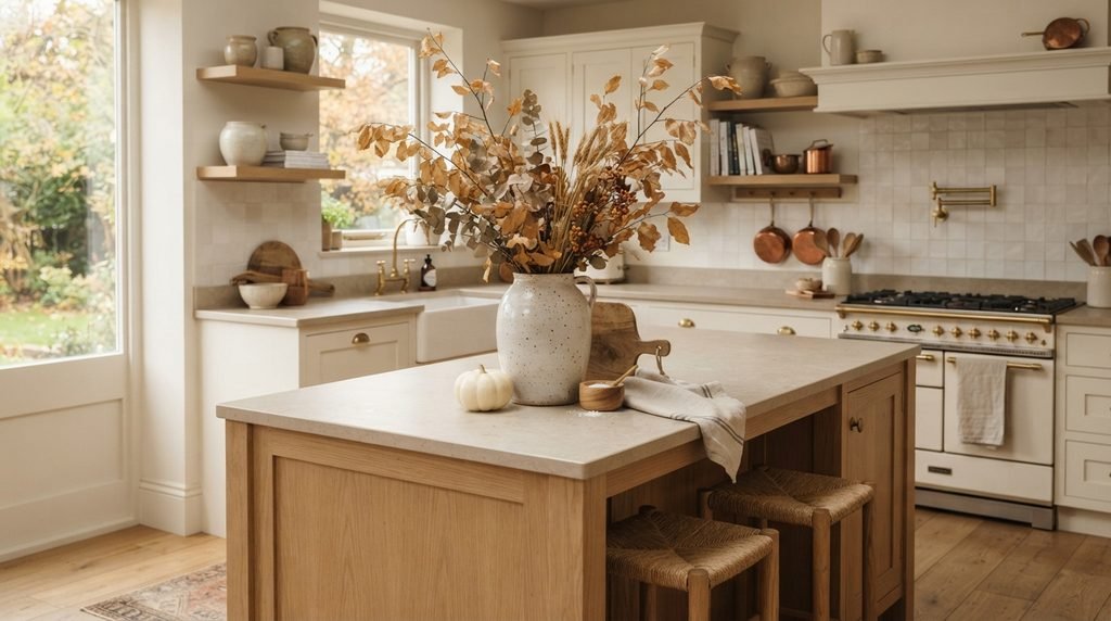 Cosy kitchen decorated with natural autumn foliage and mini pumpkins