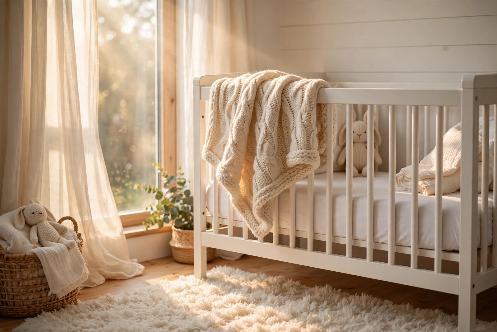 Sunlit nursery crib corner with sheer curtains and a knit blanket draped over the rail