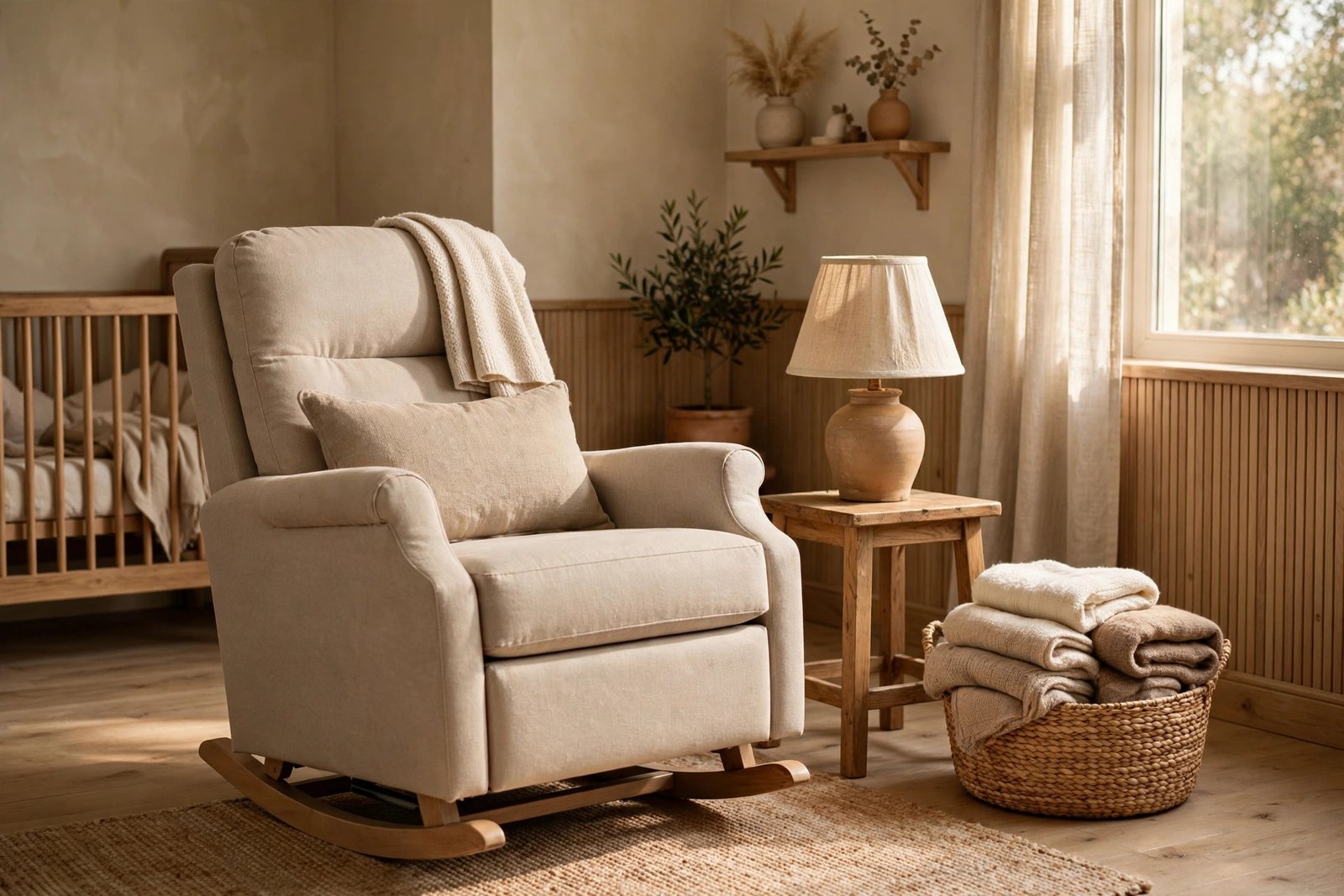 Neutral nursery with a beige rocking chair, side table lamp and basket of blankets