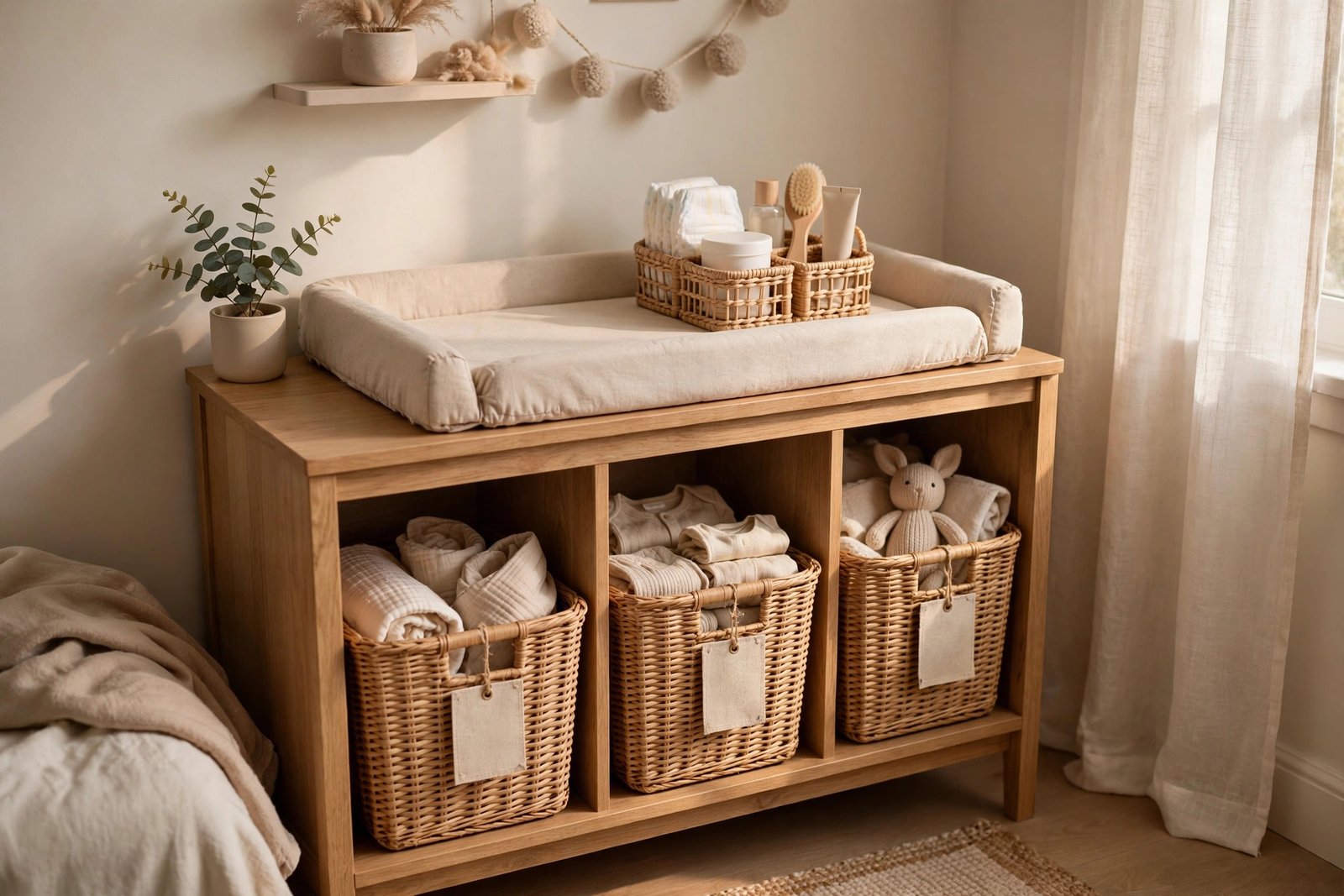 Small nursery storage with woven baskets on shelves and an organized changing top