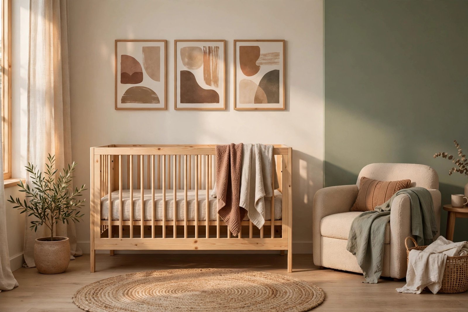Gender-neutral nursery in cream and sage with a light wood crib and earth-tone wall art
