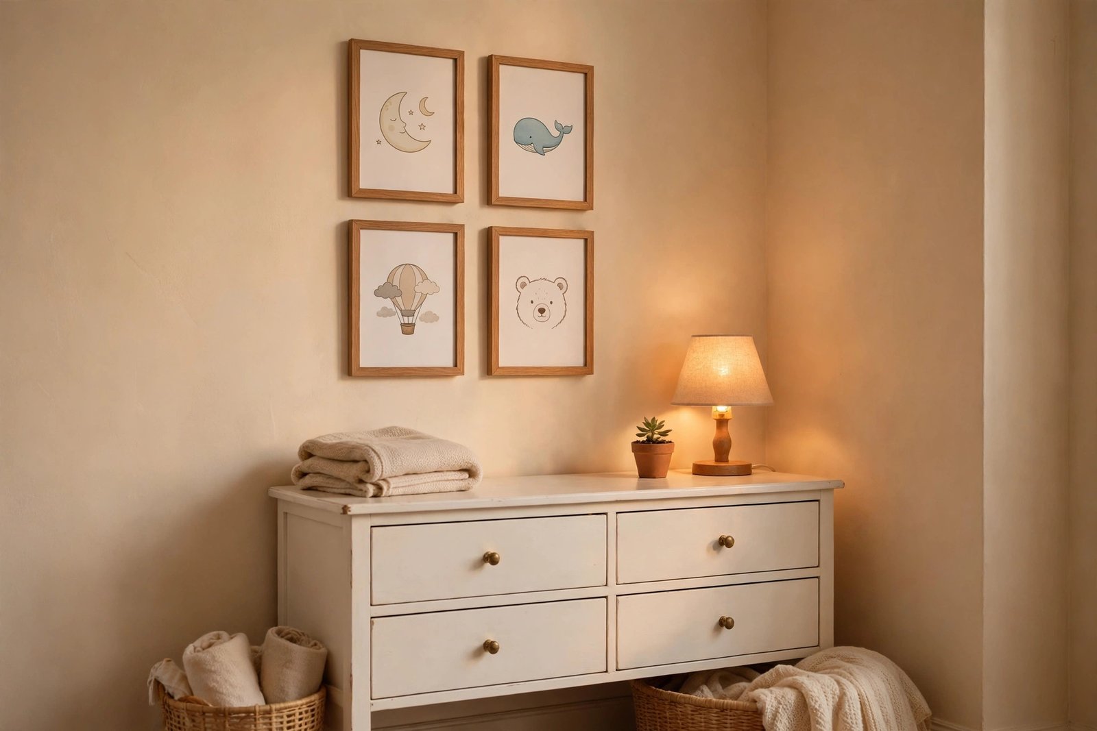 Nursery wall art corner with framed baby prints above a dresser