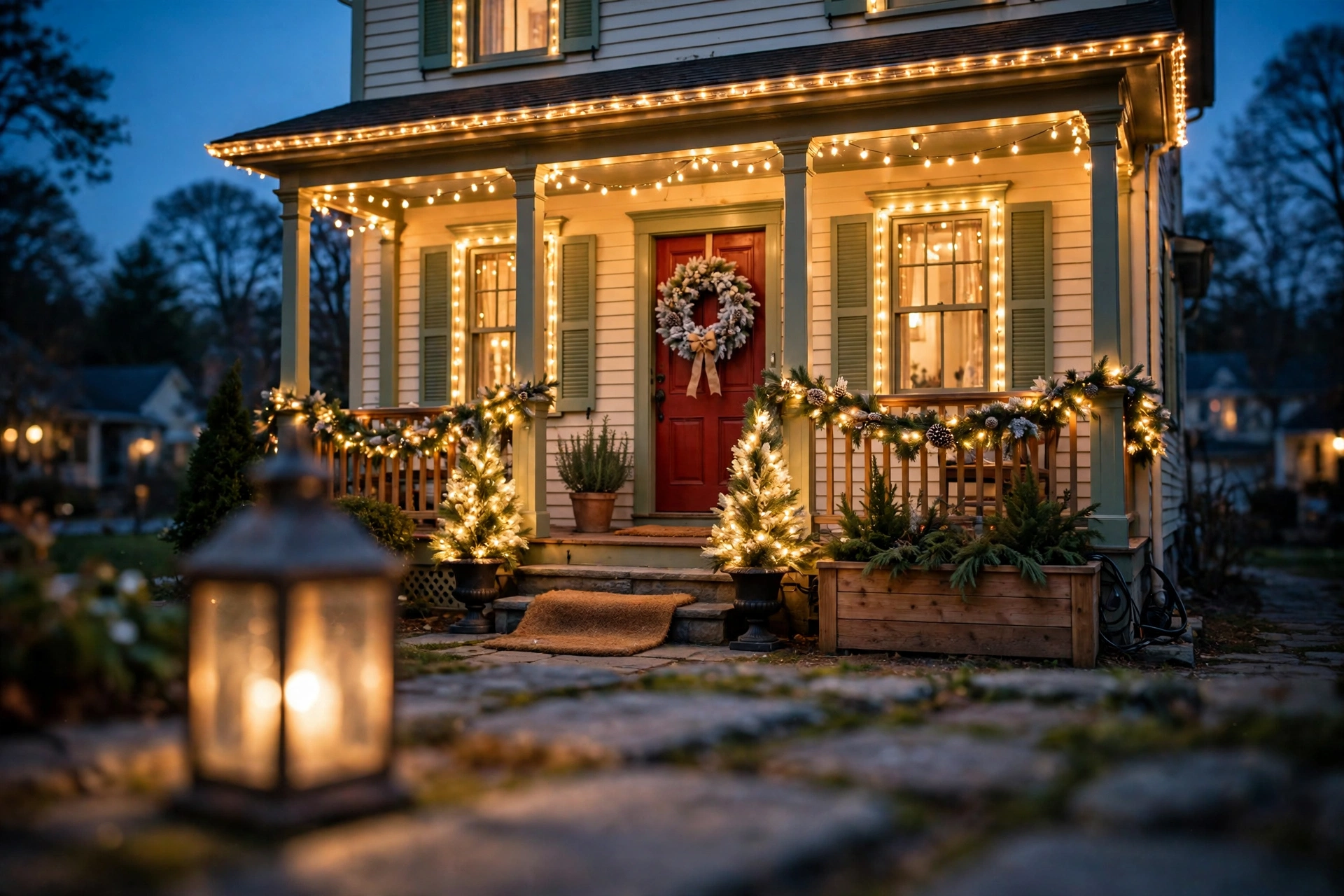 Two-story house at dusk with warm white string lights along the roofline, a frosted wreath on the red front door, lit garland draped on the porch railing, two glowing mini evergreen trees flanking the steps, and a blurred lantern in the foreground