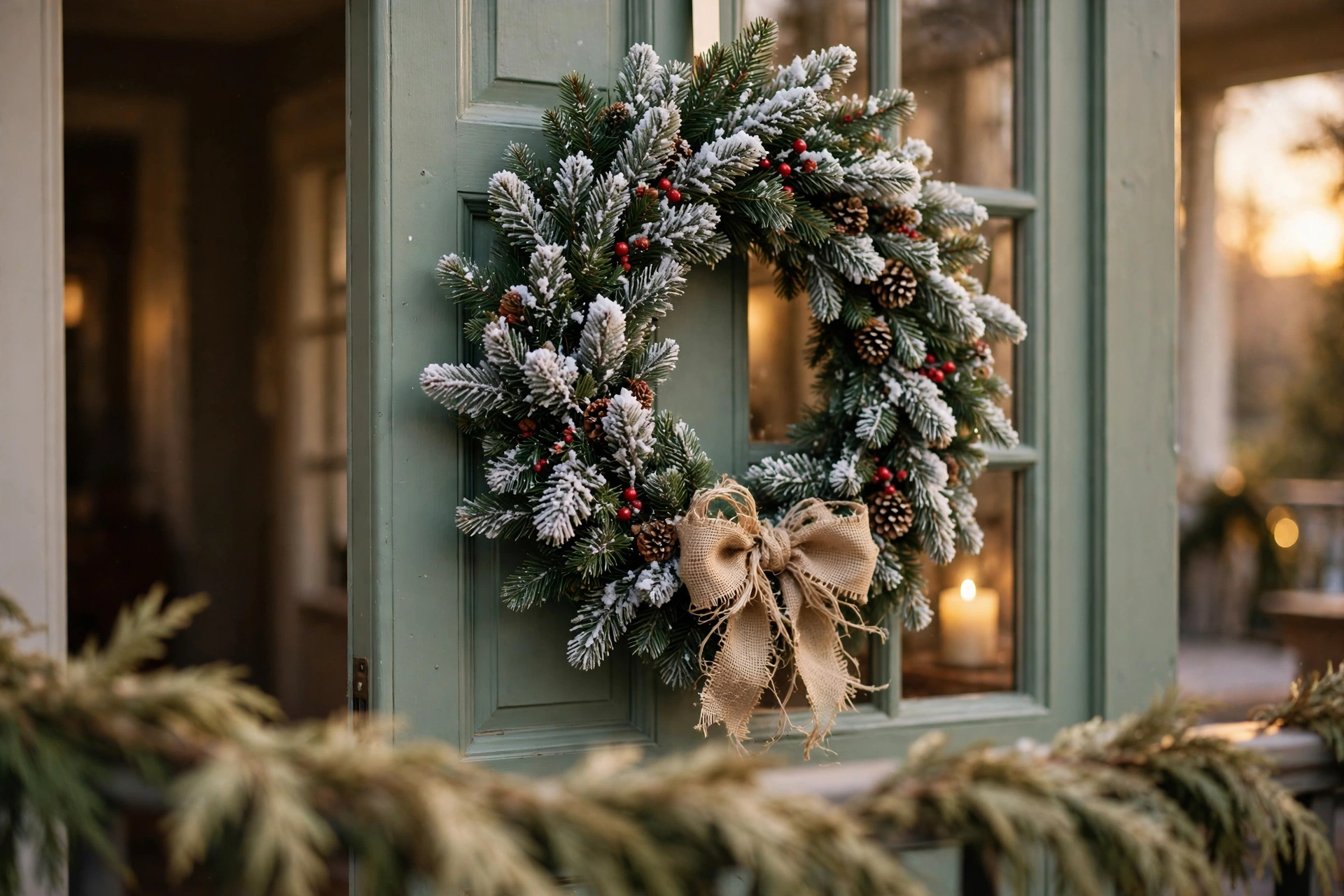 Close-up of a snow-frosted evergreen wreath with red berries, pine cones, and a hand-knotted burlap bow hanging on a sage-green front door, with a lit candle glowing in the window behind