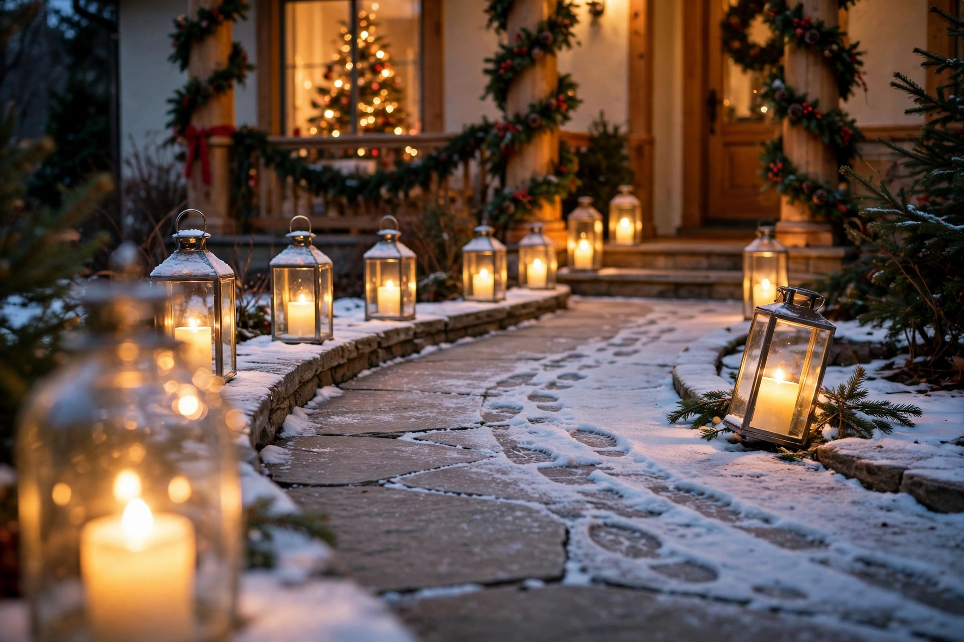 Curved stone walkway dusted with snow, lined with glowing glass lanterns holding candles, leading to a porch wrapped in lit garland with a Christmas tree shining through the front window