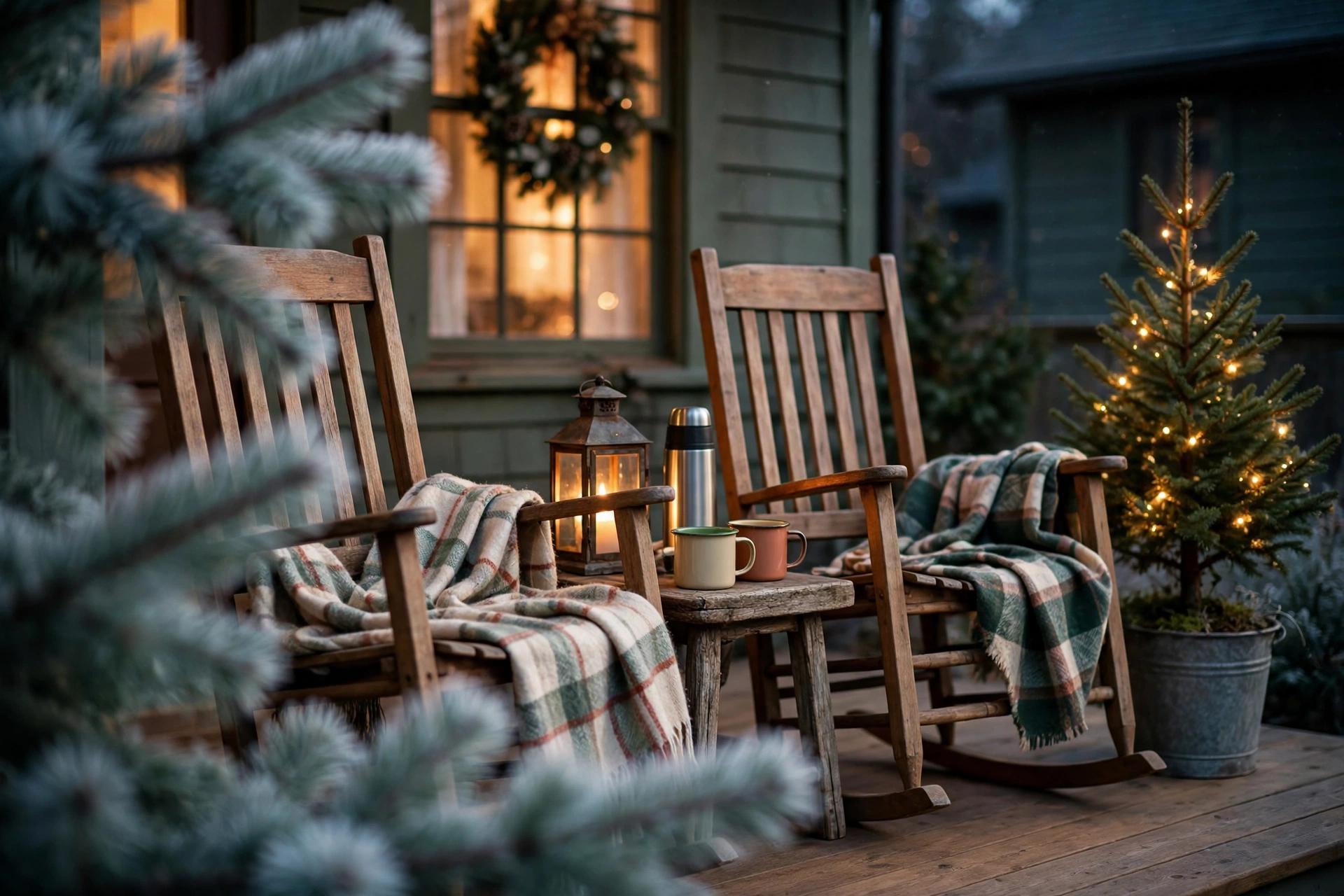 Two wooden rocking chairs on a porch at dusk draped with plaid wool throws, a small lit evergreen tree in a galvanized bucket, and a side table holding a thermos, two enamel mugs, and a glowing lantern, framed by frosted pine boughs