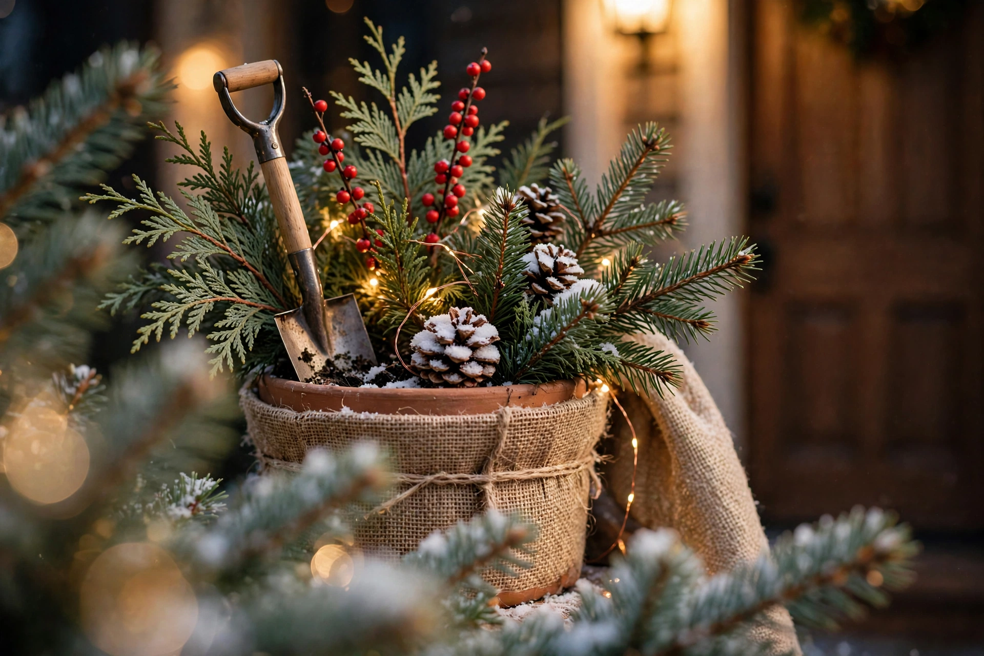 Close-up of a burlap-wrapped terracotta planter filled with cedar and pine branches, red winterberry stems, snow-dusted pine cones, and warm fairy lights, with a hand shovel stuck in the soil