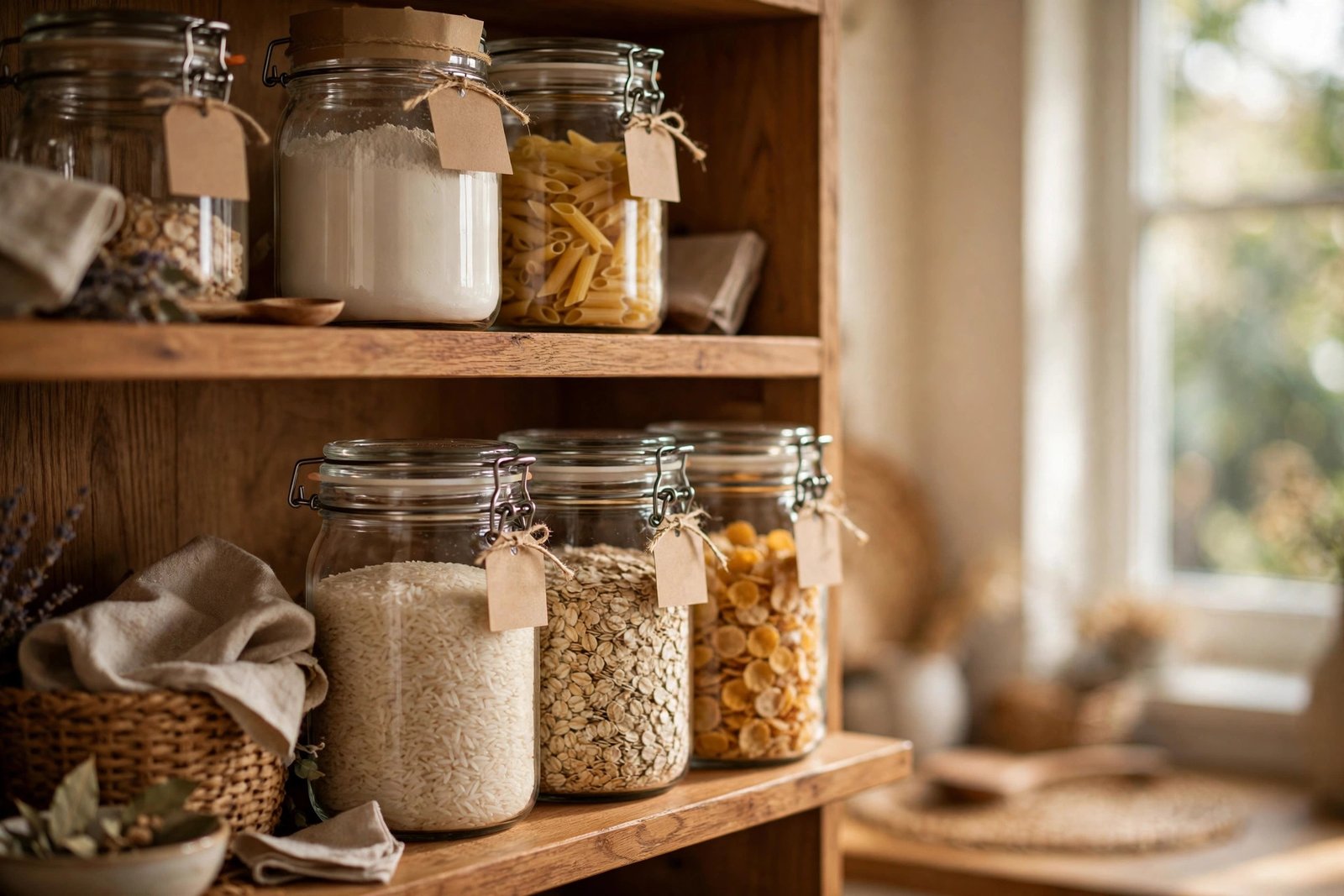 Clear airtight canisters with labels holding flour, pasta, rice and cereal on wooden pantry shelves