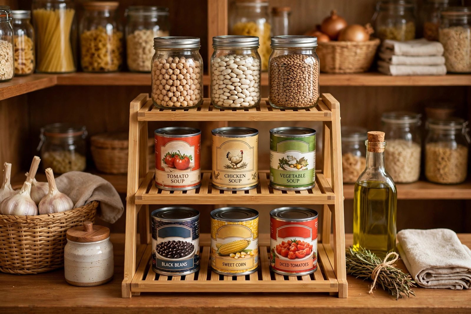 Tiered shelf riser with neatly arranged canned goods and jars with labels facing forward in a pantry