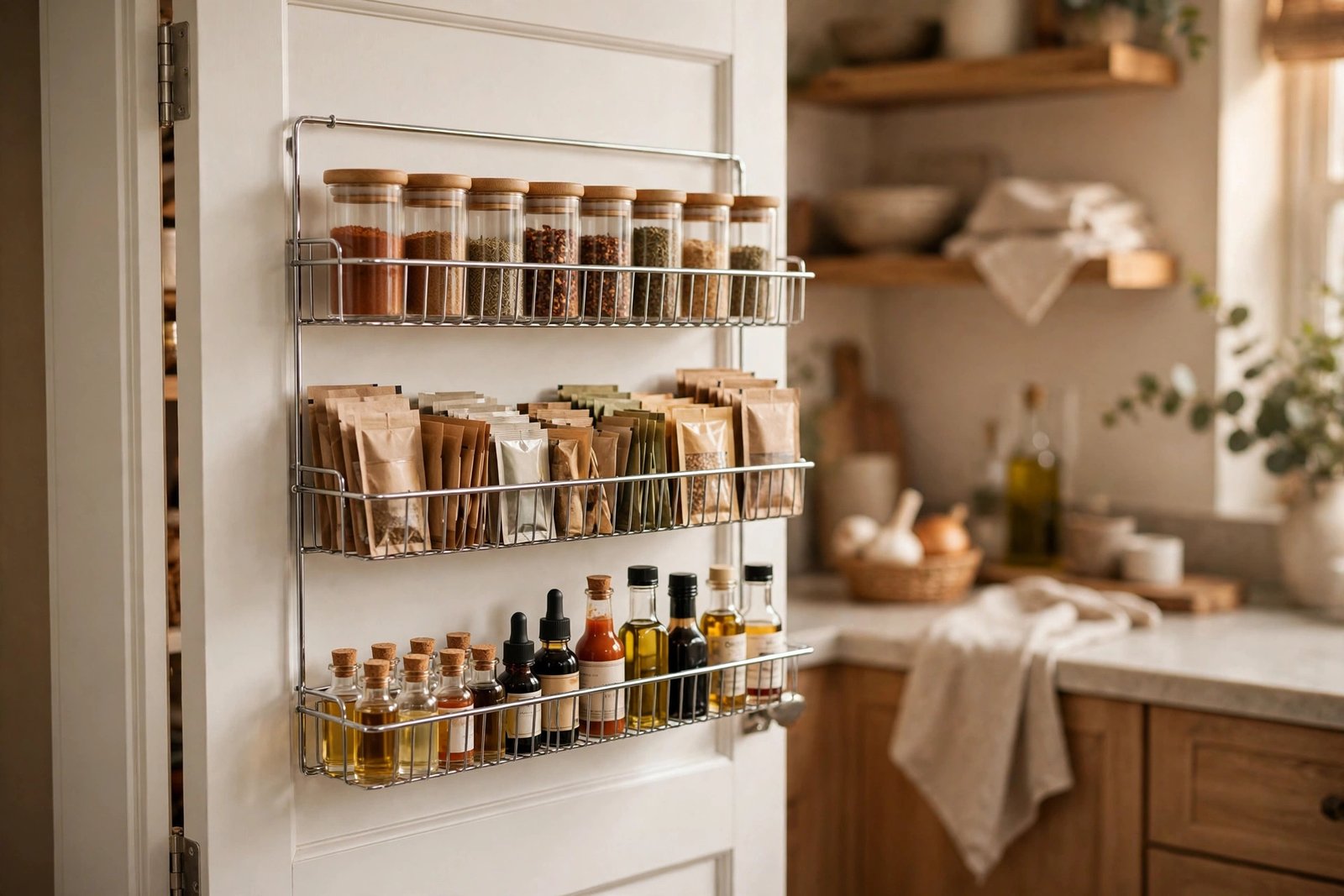 Inside of a pantry door with an over-the-door rack holding spice jars, packets and small bottles