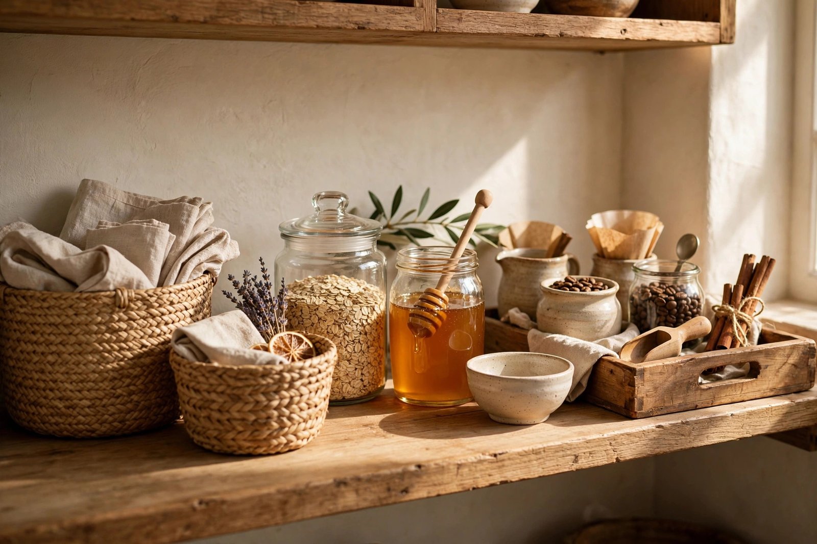 Cozy breakfast station shelf with woven baskets, coffee supplies, oats and honey jars in a warm pantry