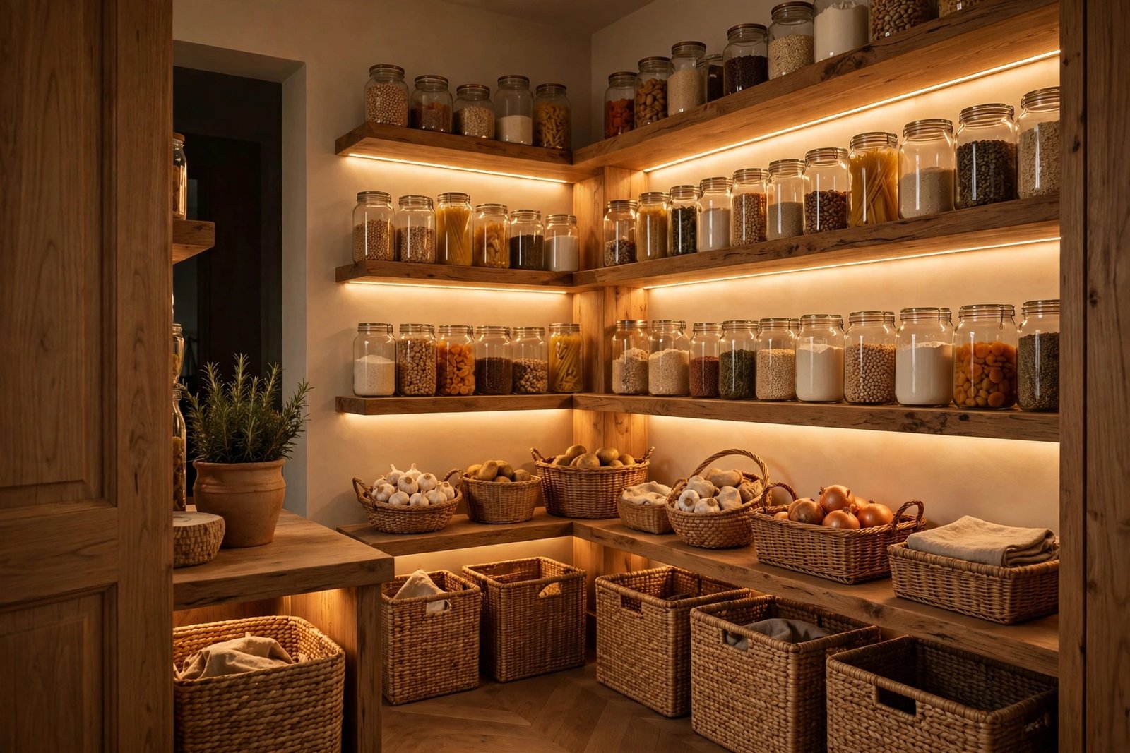 Walk-in pantry with warm LED shelf lighting illuminating organized jars, baskets and labeled bins