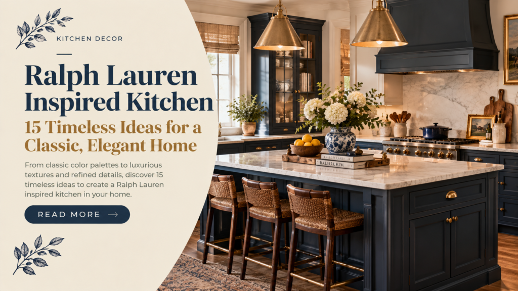 Ralph Lauren inspired kitchen with navy cabinets and brass accents