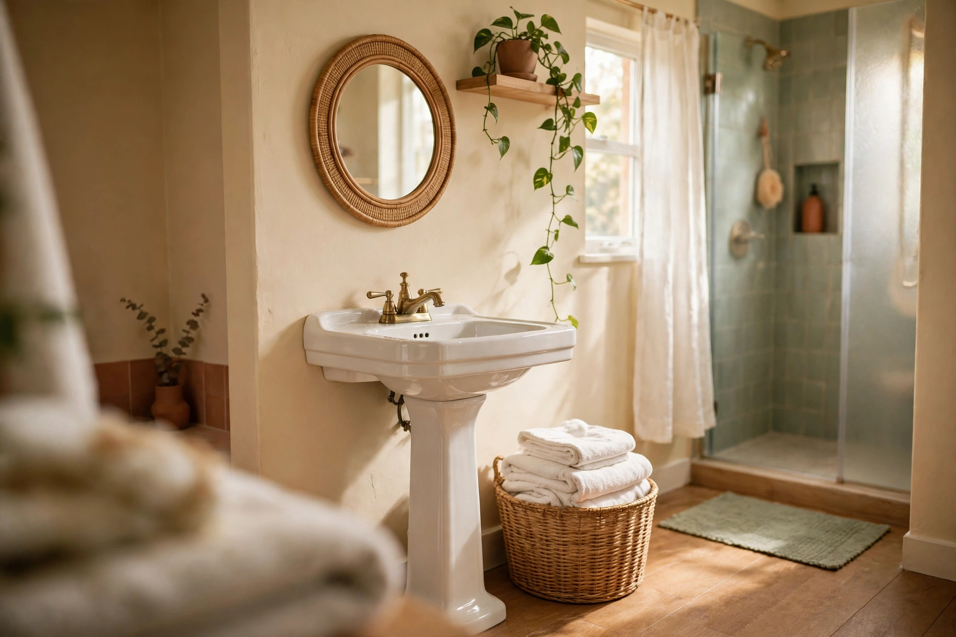 Bright small bathroom with a white pedestal sink, round rattan mirror, and woven basket of folded towels on warm wood floor